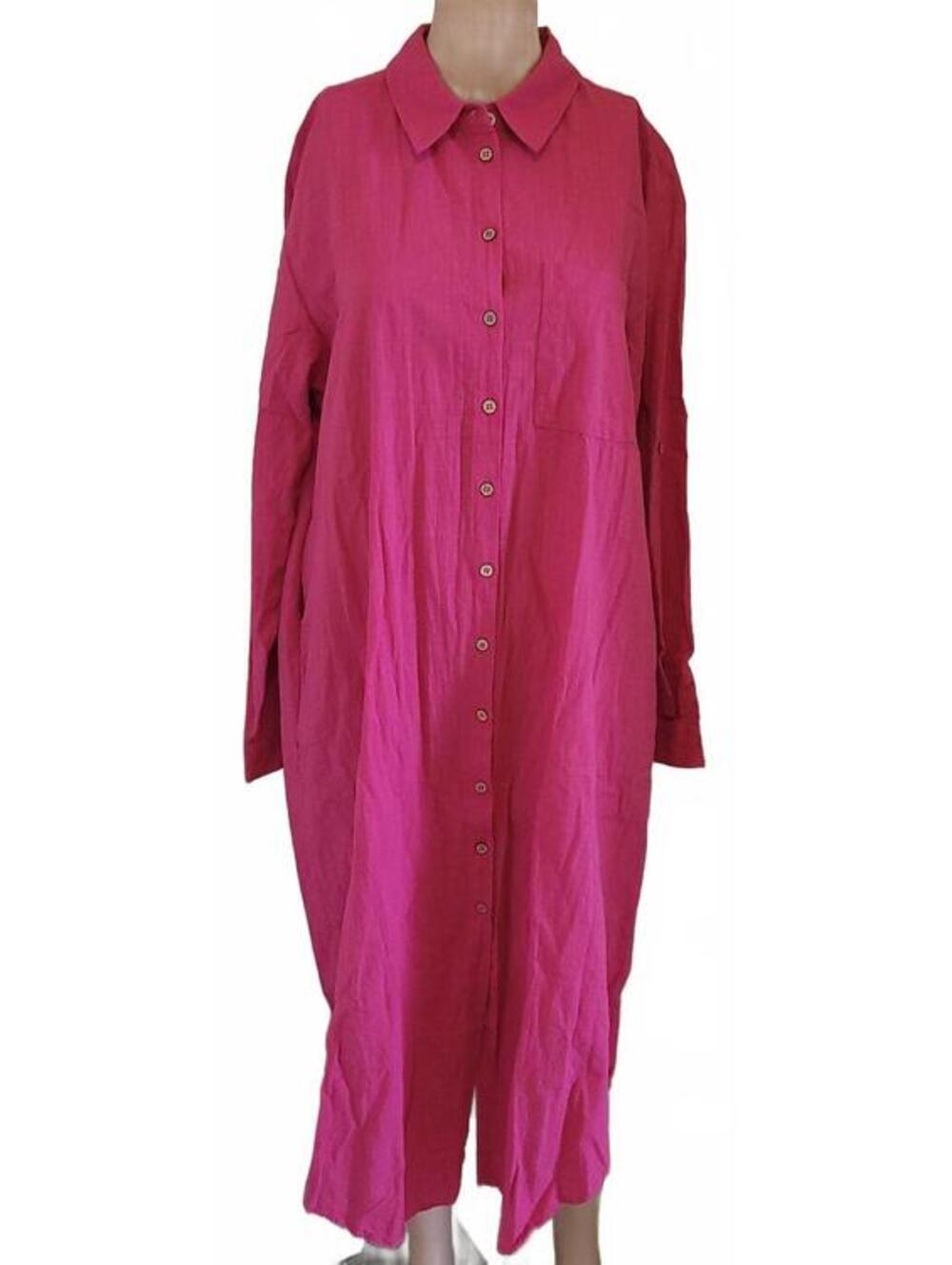 FASHION XL Pink Long Sleeve Button-Down Cotton Women's Dress